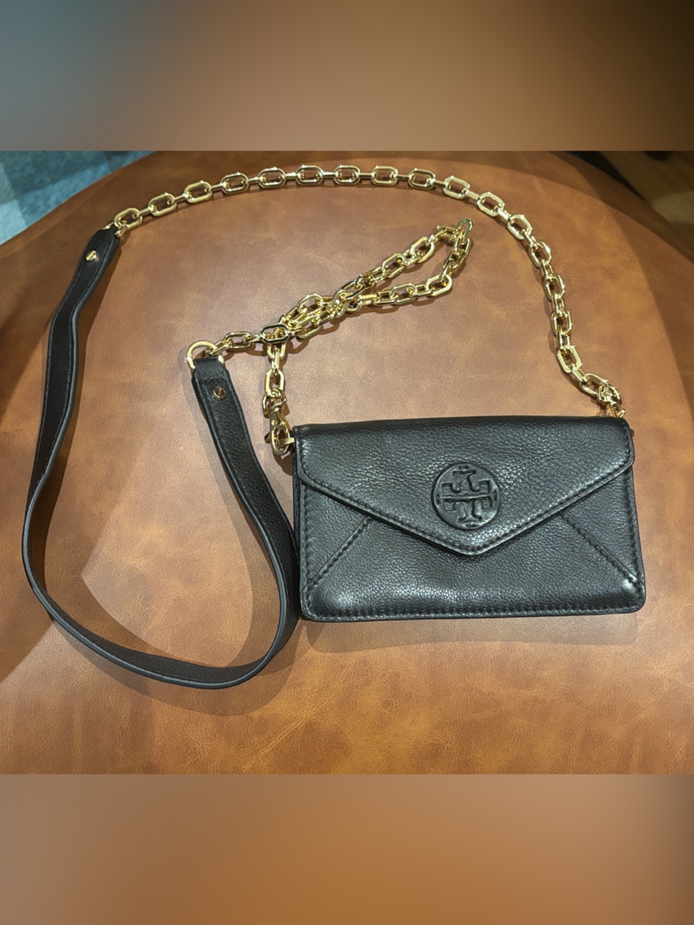 Tory Burch Black Leather Crossbody with Gold Chain